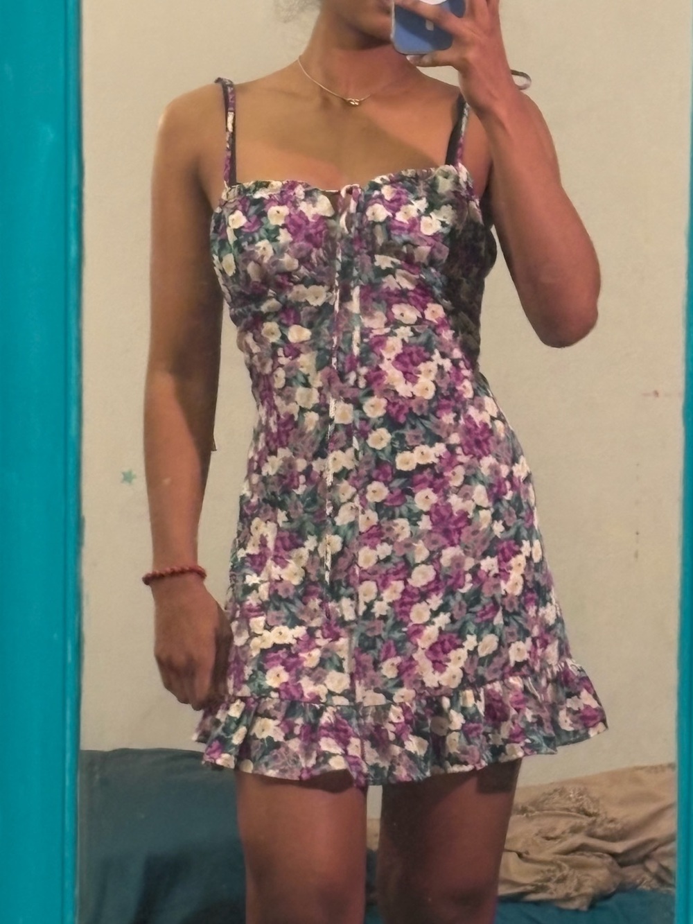 Nasty Gal Purple Floral Ruffled Spaghetti Strap Mini Dress